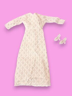 1969 Vintage Barbie Shillman Clone White and Silver Lace Dress with Shoes